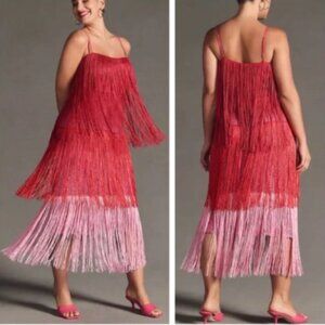 Anthropologie Let Me Be Tiered Pink Ombré Fringe Dress XS NWT